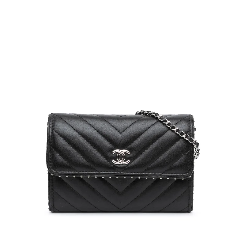 Black Chanel CC Chevron Lambskin Studded Wallet On Chain Shoulder Bag