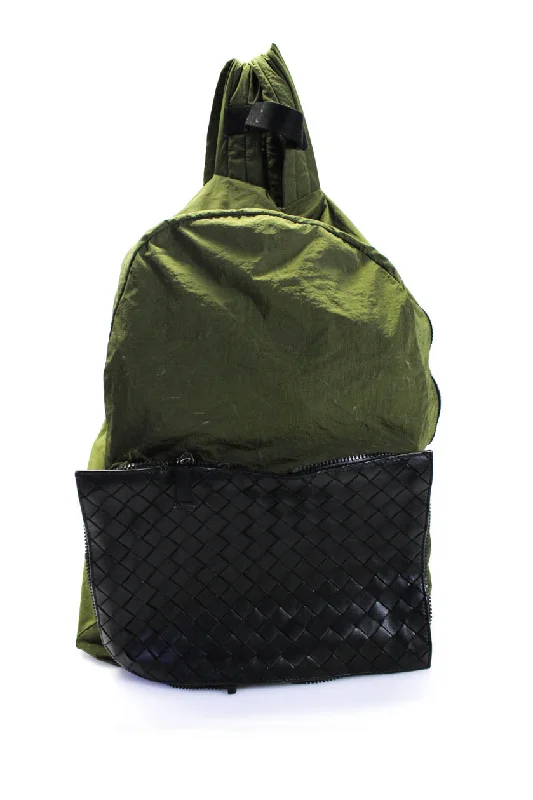 Bottega Veneta Womens Black Green Intrecciato Packable Backpack Bag Handbag