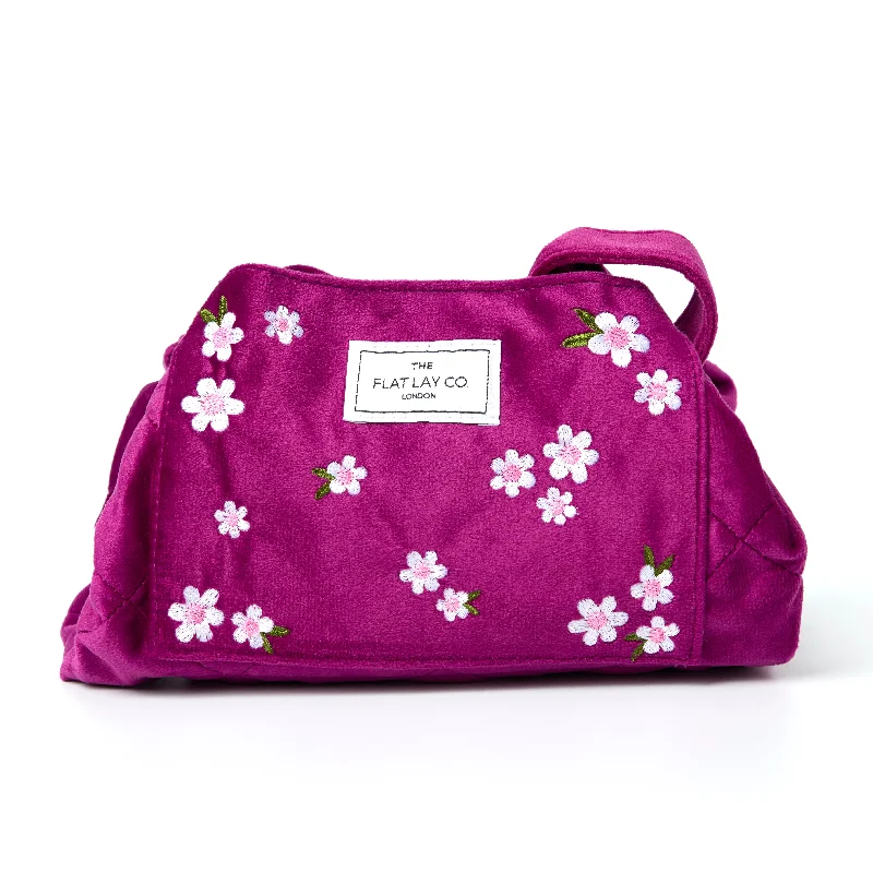 Drawstring Flat Lay Makeup Bag - Plum Daisy Embroidered Velvet