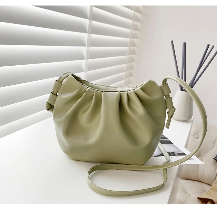 Fashion Pure Color High Quality Leather Ruched Pattern Cloud Shape Women Shoulder Bag