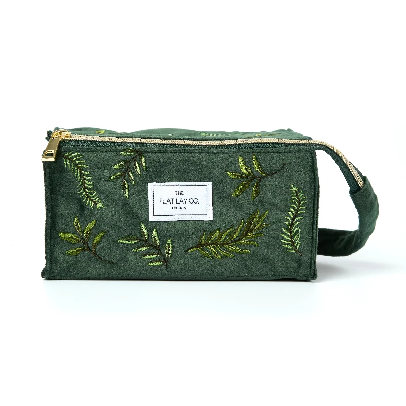 Flat Lay Makeup Box Bag - Green Leaves Embroidered Velvet