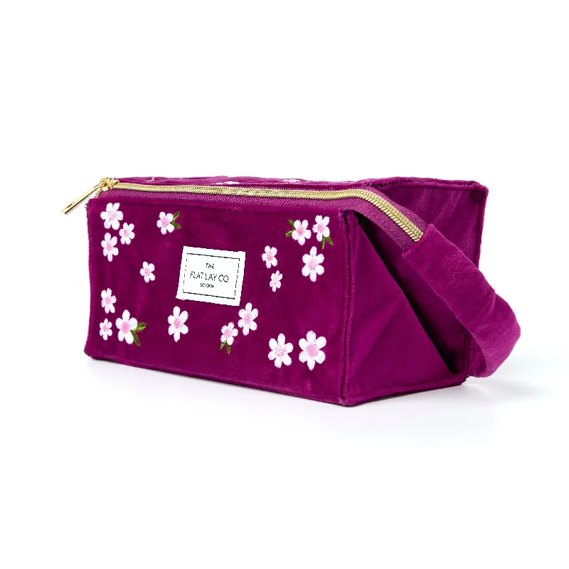 Flat Lay Makeup Box Bag - Plum Daisy Embroidered Velvet