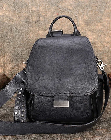 Handmade Convertible Leather Backpacks Womens Best Black Gray Leather Shoulder Purse School Rucksack