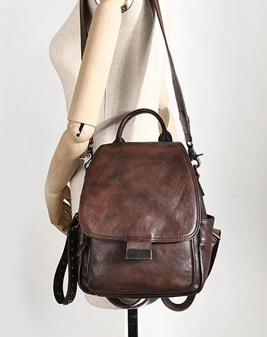 Handmade Convertible Leather Backpacks Womens Best Coffee Leather Shoulder Purse School Rucksack