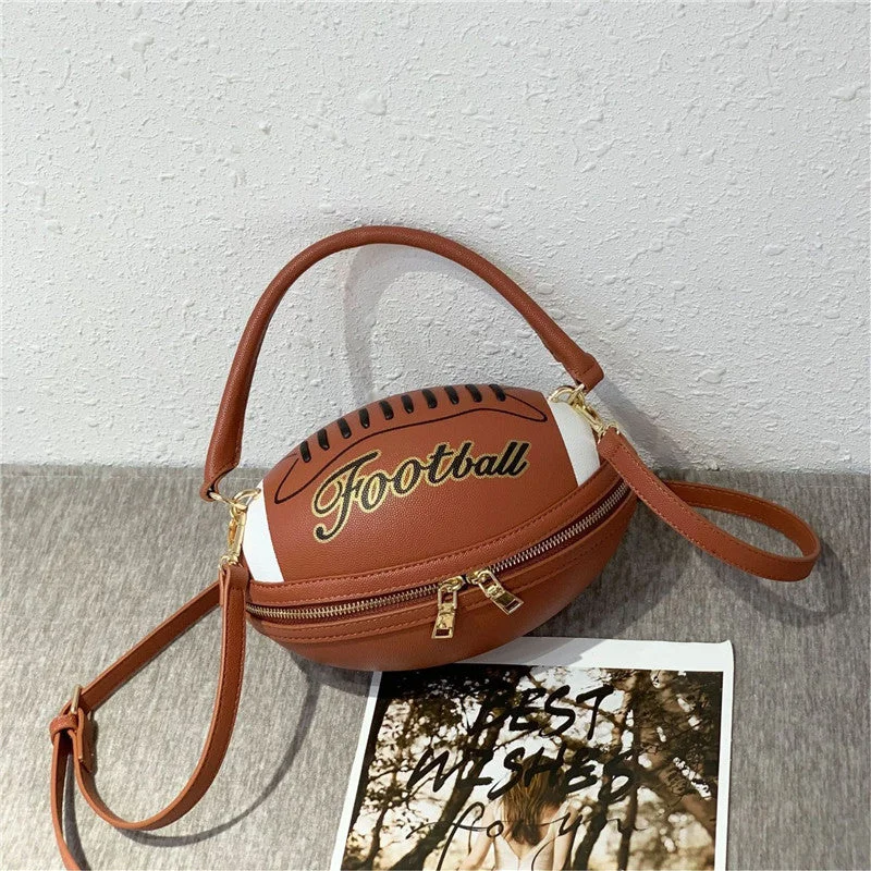 JANHE Unique Oval Shape bolso de hombros Women Pu Leather Top Handle Soccer Bags Football Handbag Rugby Ball Purse With Chain