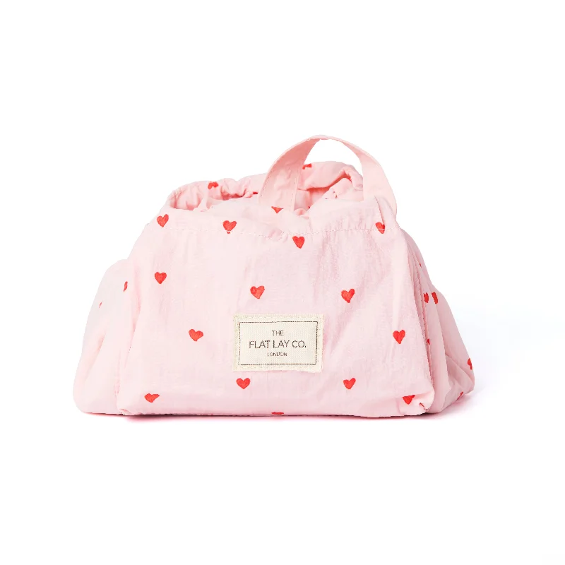 Parachute Drawstring Flat Lay Makeup Bag - Sweet Pink Hearts