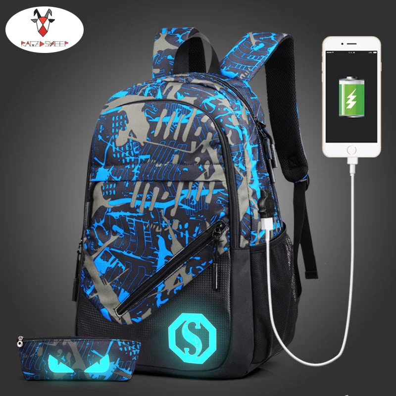 Raged Sheep Student Backpack School Bags Boys Luminous Animation USB Backpack Charge Changeover Joint Teenager Computer Bag