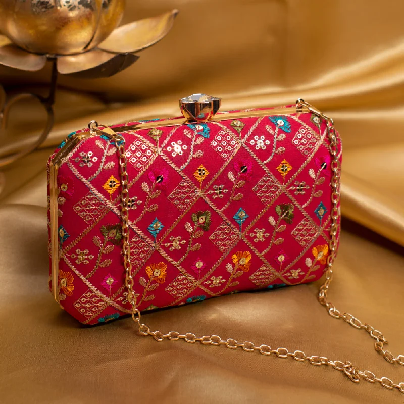 Floral - Printed Satin Clutch in Pink for Spring GalasRed Sequins Floral Embroidery Party Clutch