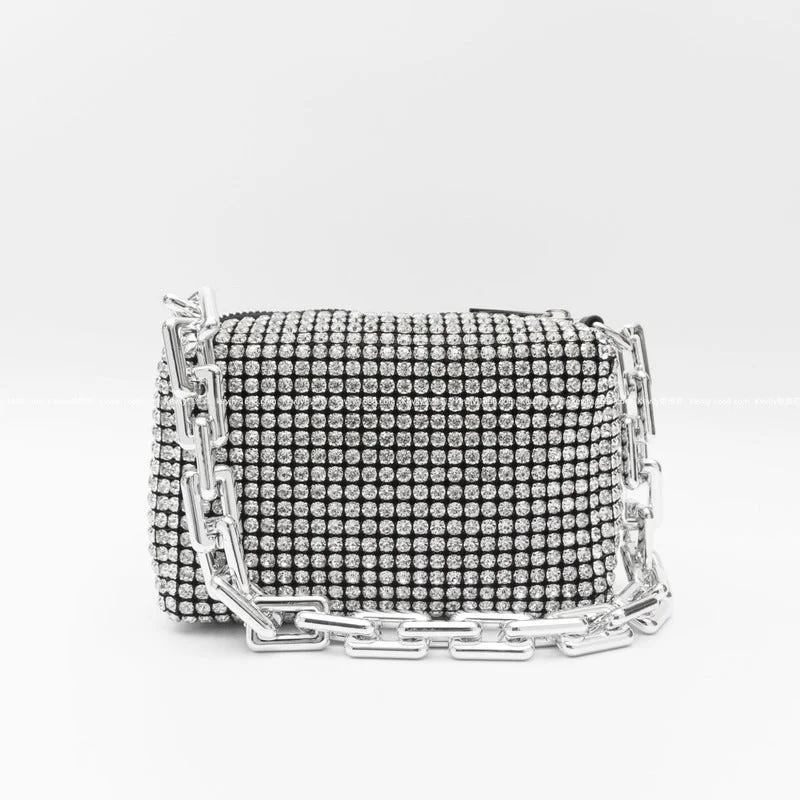 Silver Metal Chain Rhinestone Wrapped Diamond  Luxury Handbags Women Bags Designer Purses and Handbags Wedding Purses for Bride