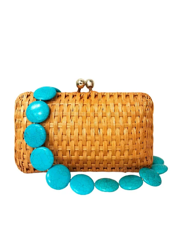 Women's Glittery Clutch in Blue for Disco - Themed EventsWomen's Alma Wicker Clutch With Beaded Strap In Honey