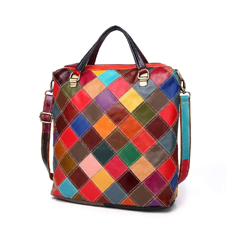 Leather - Trimmed Denim Crossbody Bag in Blue for a Vintage - Inspired LookWomen's Leather Multi-Style Colorful Patchwork Backpack - Shoulder & Crossbody