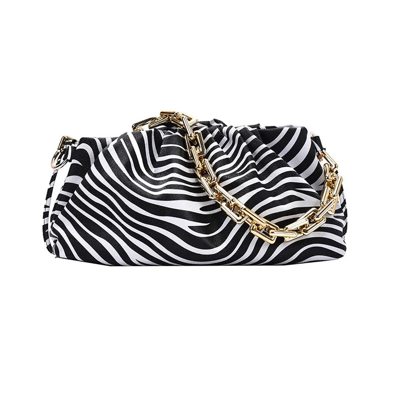 Zebra Cow Animal Pattern Chain Shoulder PU Leather Pouch Handbag Women Underarm Ladies Cloud Bags